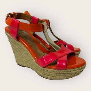 Sofft Womens size 7 Pedra Platform Patent Leather Pink Orange Heel Wedge Sandals